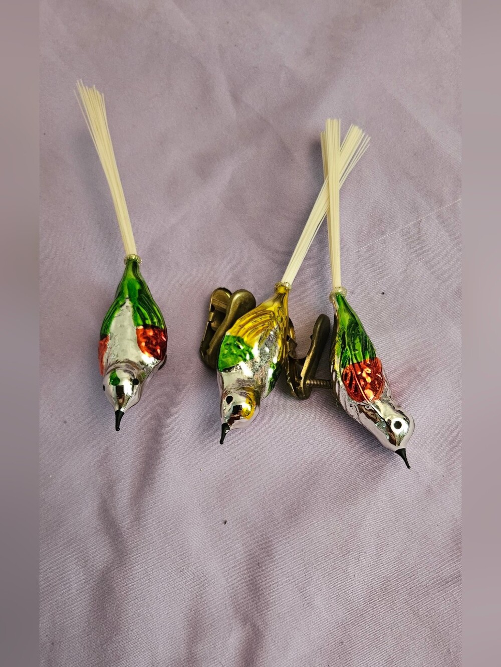 Decorative Glass Bird Clips - Green, Red, Yellow Mercury Glass Brush Tails